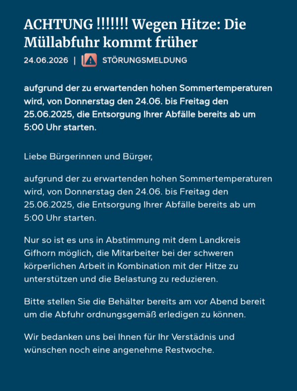 Bild vergr&ouml;&szlig;ern: Müllabfuhr 25. und 26. Juni 2026